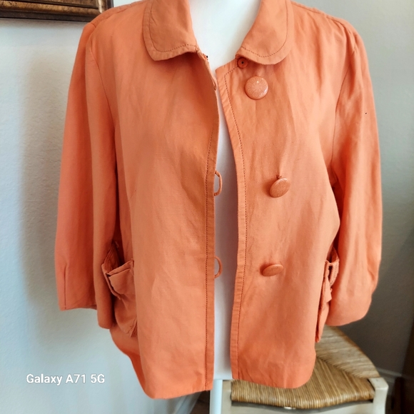 Vintage Larry Levine Orange Linen Blend Cropped 3/4 Sleeve Jacket Sz M - Picture 3 of 17